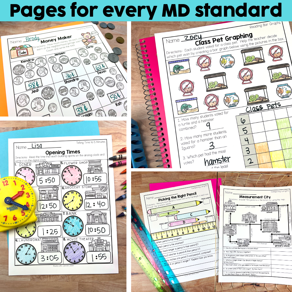 A colorful educational worksheet featuring measurement, time, money, and graphing activities designed for elementary students, perfect for classroom learning and homeschooling.