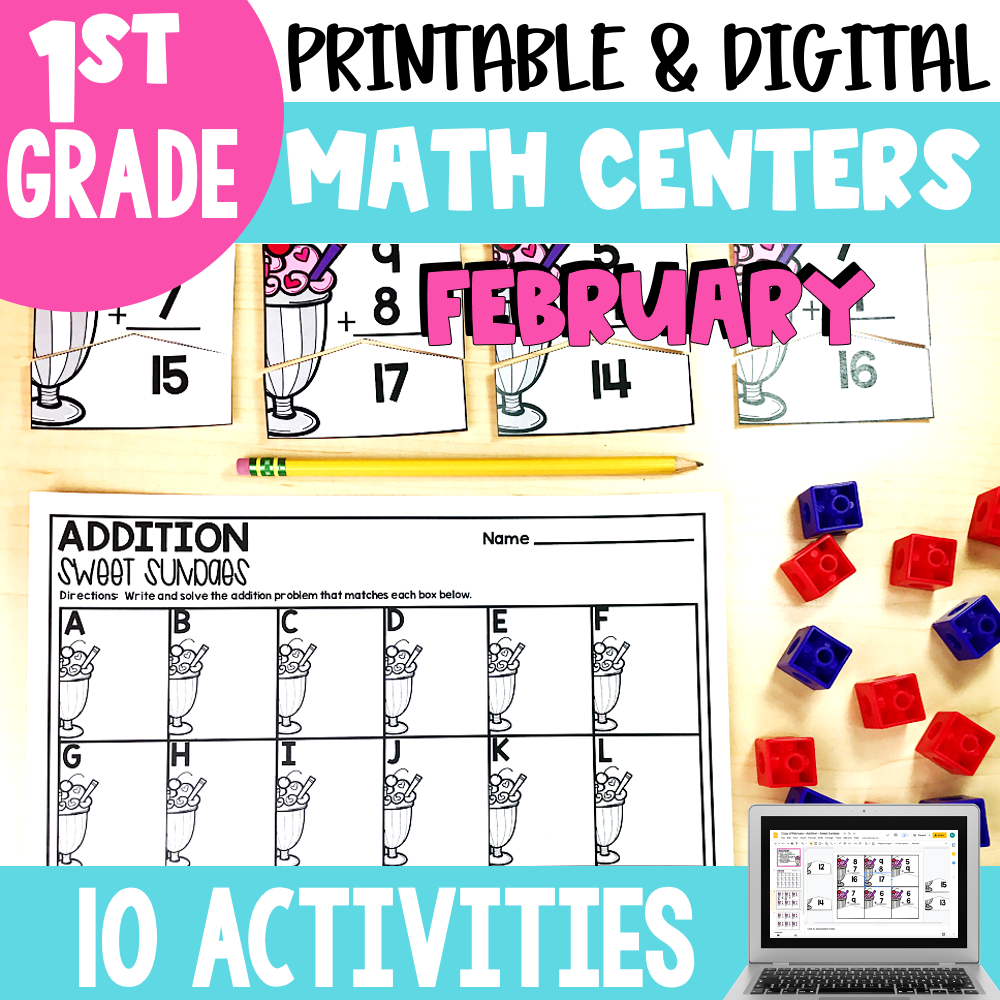 Printable and digital February math centers for 2nd grade, featuring addition, subtraction, and engaging activities for October, perfect for classroom use and homeschooling.