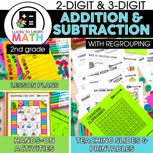 Addition & Subtraction with Regrouping Math Unit for 2nd grade, includes lesson plans, hands-on activities, teaching slides, and printables for engaging math practice.