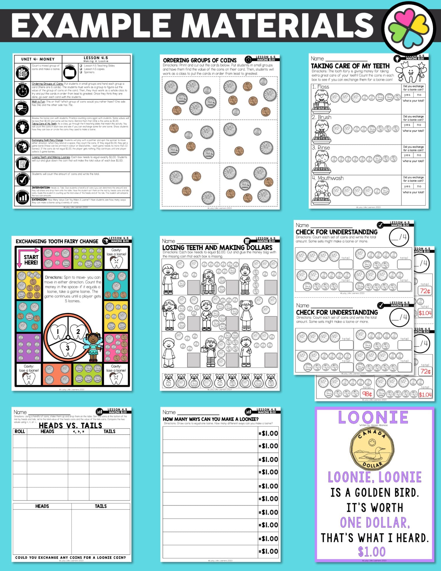 A detailed educational resource image featuring materials for teaching Canadian money and financial literacy, including coin counting, money exchange, and understanding dollar values for young learne.