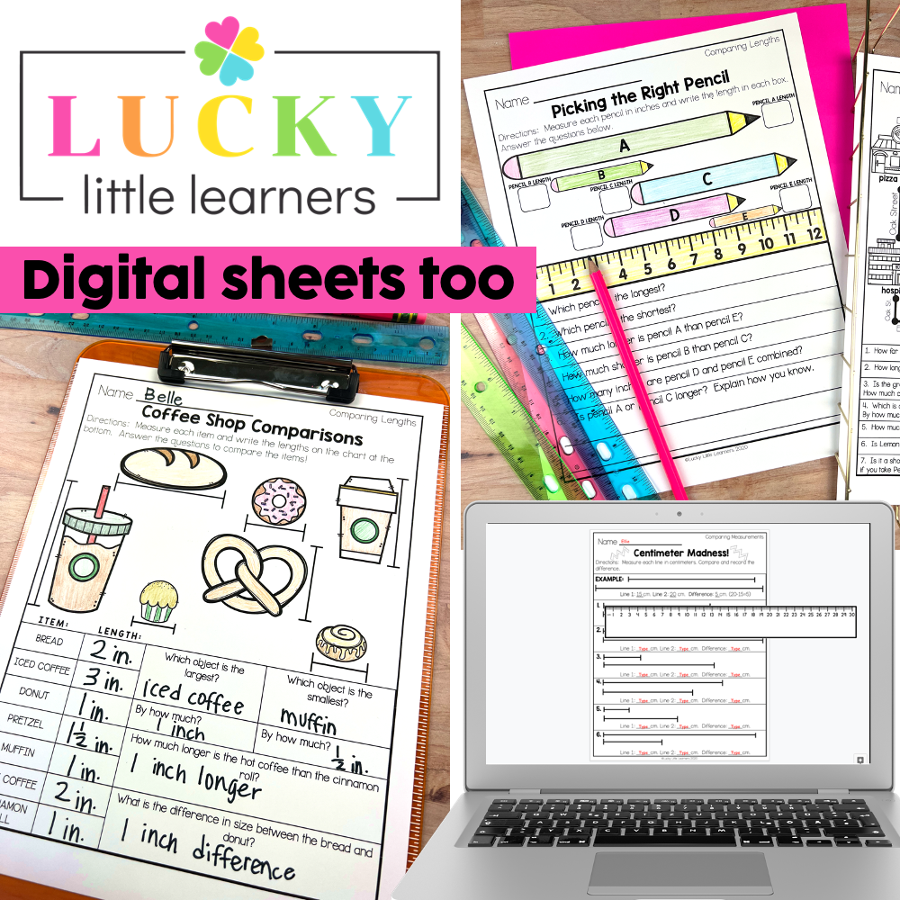 A detailed image of digital and printable measurement, time, money, and graphing worksheets for young learners, featuring colorful pencils, rulers, and educational activities from Lucky Little Learne.