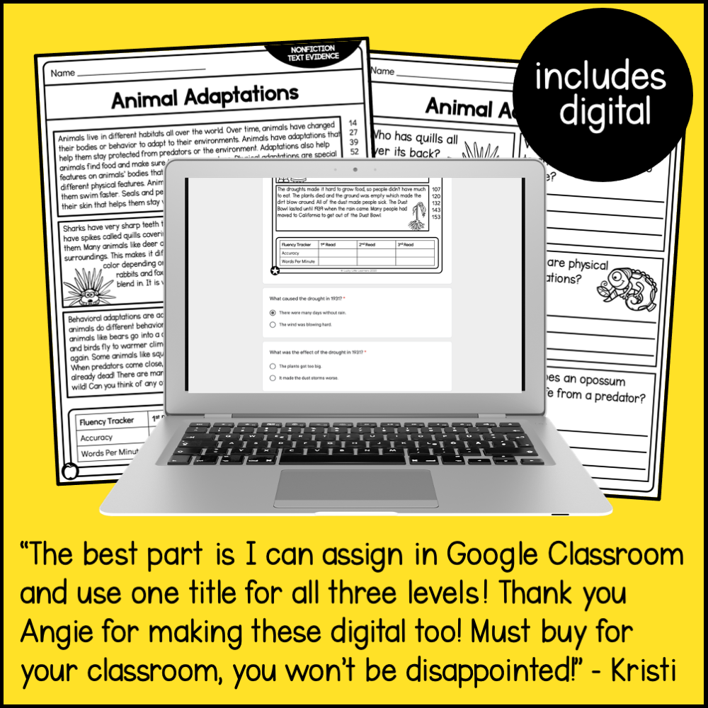Digital 2nd grade reading comprehension passages on nonfiction text evidence and 5 W's, featuring animal adaptations, fluency tracker, and interactive activities for classroom learning.