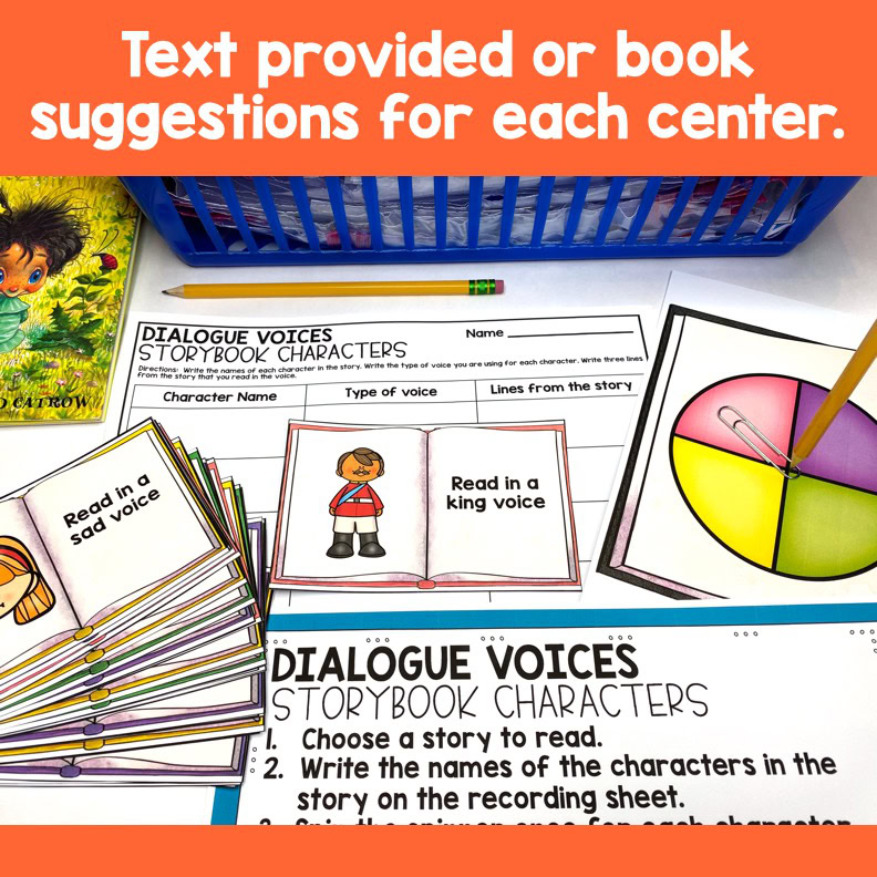 Second grade reading centers with printable and digital literacy activities, including storybook characters, dialogue voices, and Seesaw-compatible resources for engaging literacy practice.