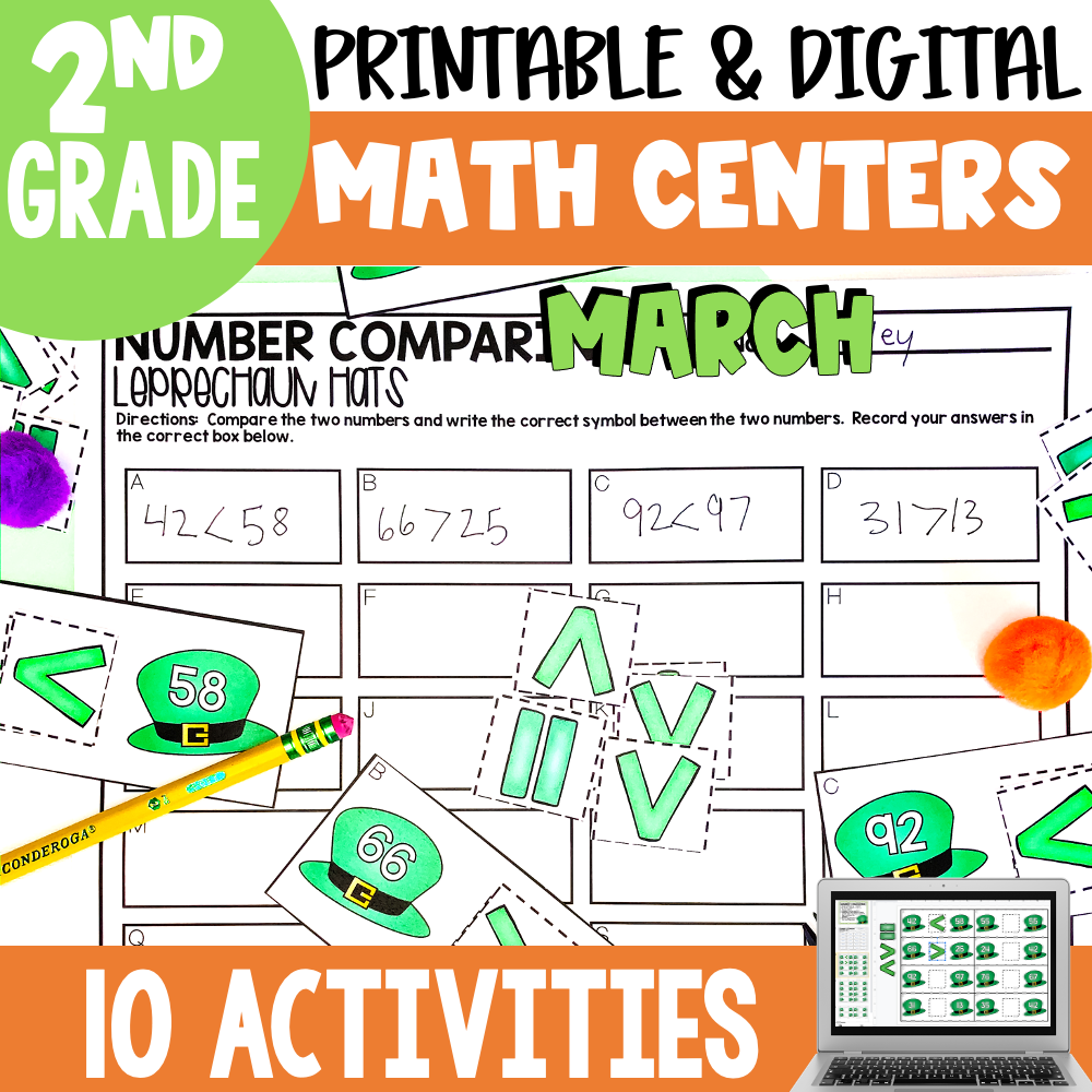 A colorful image of October Math Centers and Activities for 2nd Grade, featuring printable and digital resources, number comparison tasks, and engaging math exercises for young learners.