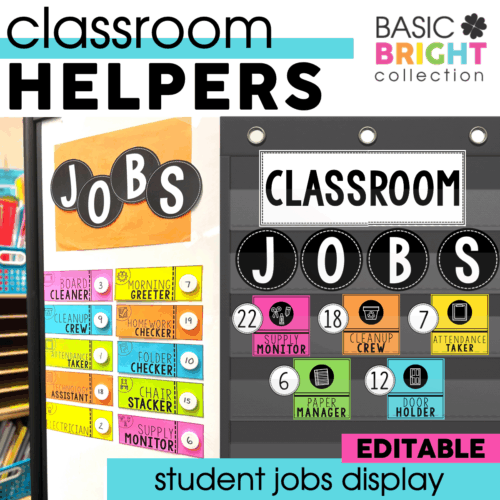 Classroom decor bundle featuring a student jobs display with colorful labels for jobs like supply monitor, paper manager, and attendance taker, ideal for classroom organization.