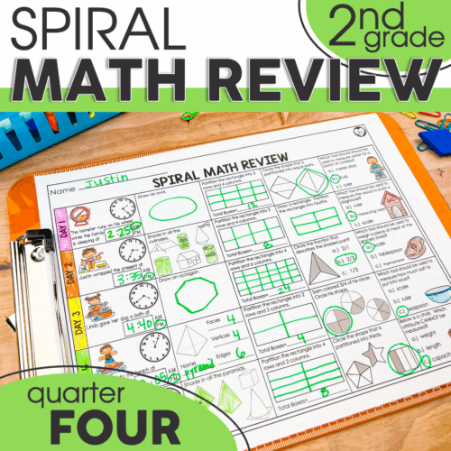 Engaging 2nd grade spiral math review worksheet focusing on 4th quarter concepts, featuring colorful shapes, clocks, and math problems to enhance student learning and mastery of key skills.