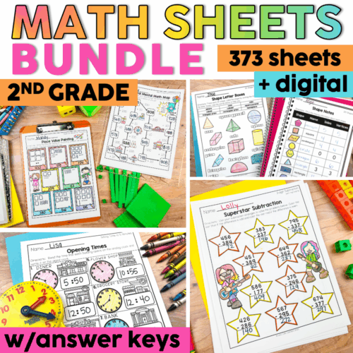 A colorful image showcasing a 2nd grade math worksheets bundle, including printable and digital resources with answer keys, designed to enhance math skills for young learners.
