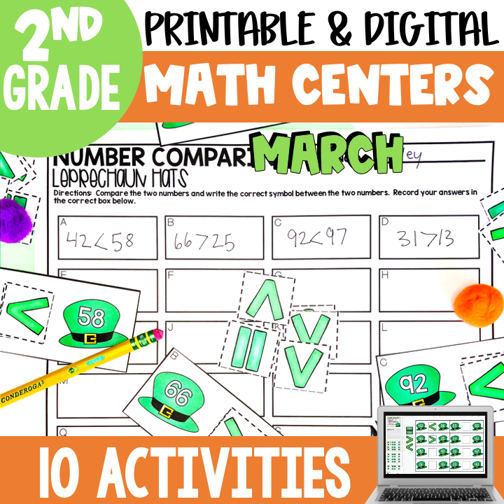 Engaging April math centers and activities for 2nd grade students, featuring printable and digital options, number comparison tasks, and fun learning tools to enhance math skills.