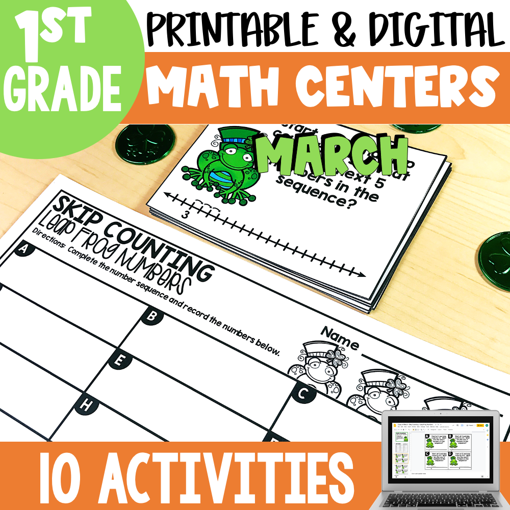 A colorful educational worksheet for 2nd grade math centers featuring skip counting, number sequences, and digital activities for October, designed to engage young learners in math practice.