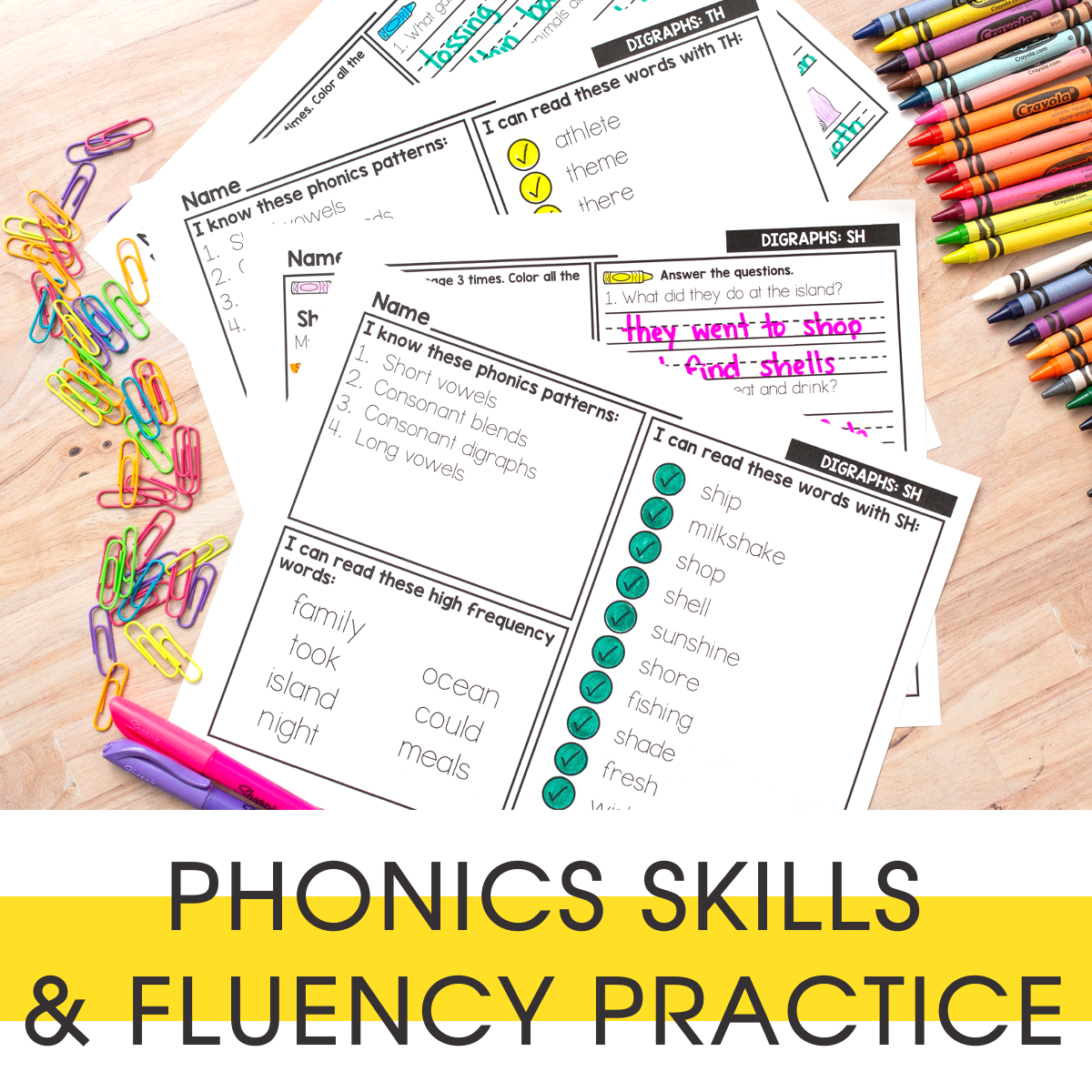 Phonics skills and fluency practice worksheets with colorful markers and paper clips, focusing on digraphs TH and SH, for early literacy development at Lucky Little Learners.