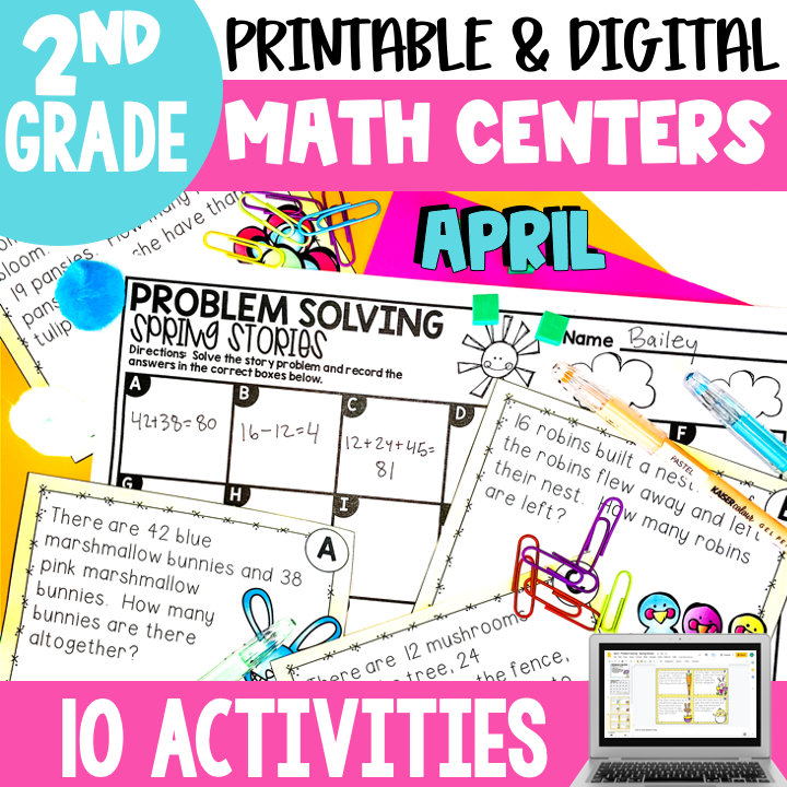 An engaging image showcasing April math centers and activities designed for 2nd grade students, featuring colorful problem-solving worksheets, manipulatives, and digital resources for effective learn.