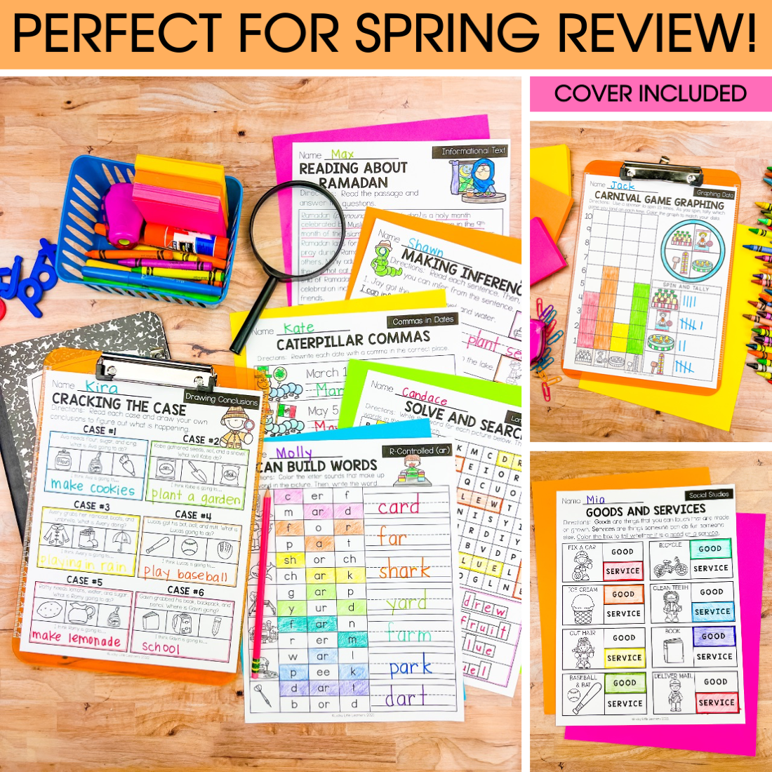 First grade spring early finisher packet with colorful worksheets, activities, and a cover page, designed for spring review and learning reinforcement for young students.