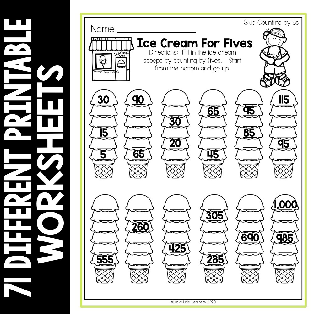 Fill in ice cream scoops with place value numbers for teaching place value concepts, featuring skip counting by 5s, with engaging ice cream illustrations for early math learners.