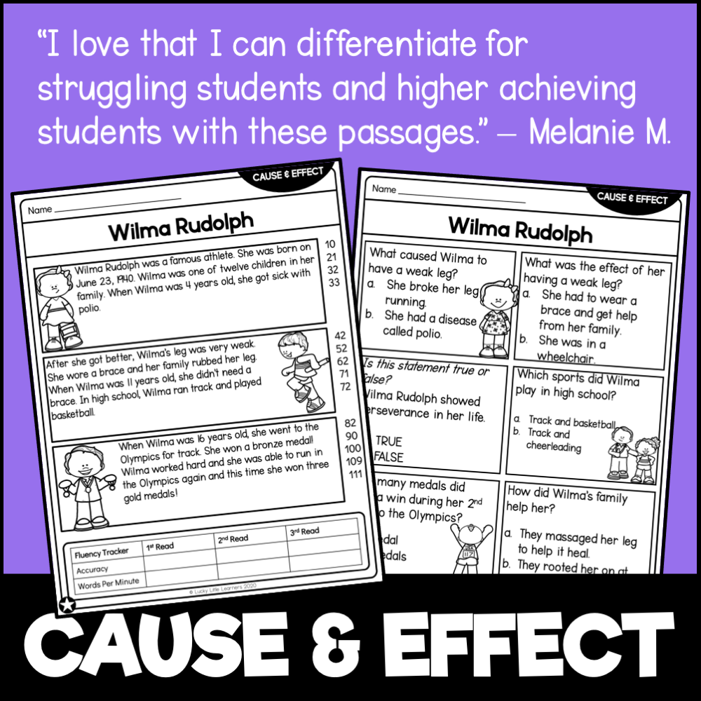 Engaging 2nd grade reading comprehension passages focused on nonfiction cause and effect, featuring Wilma Rudolph's inspiring story for elementary students.