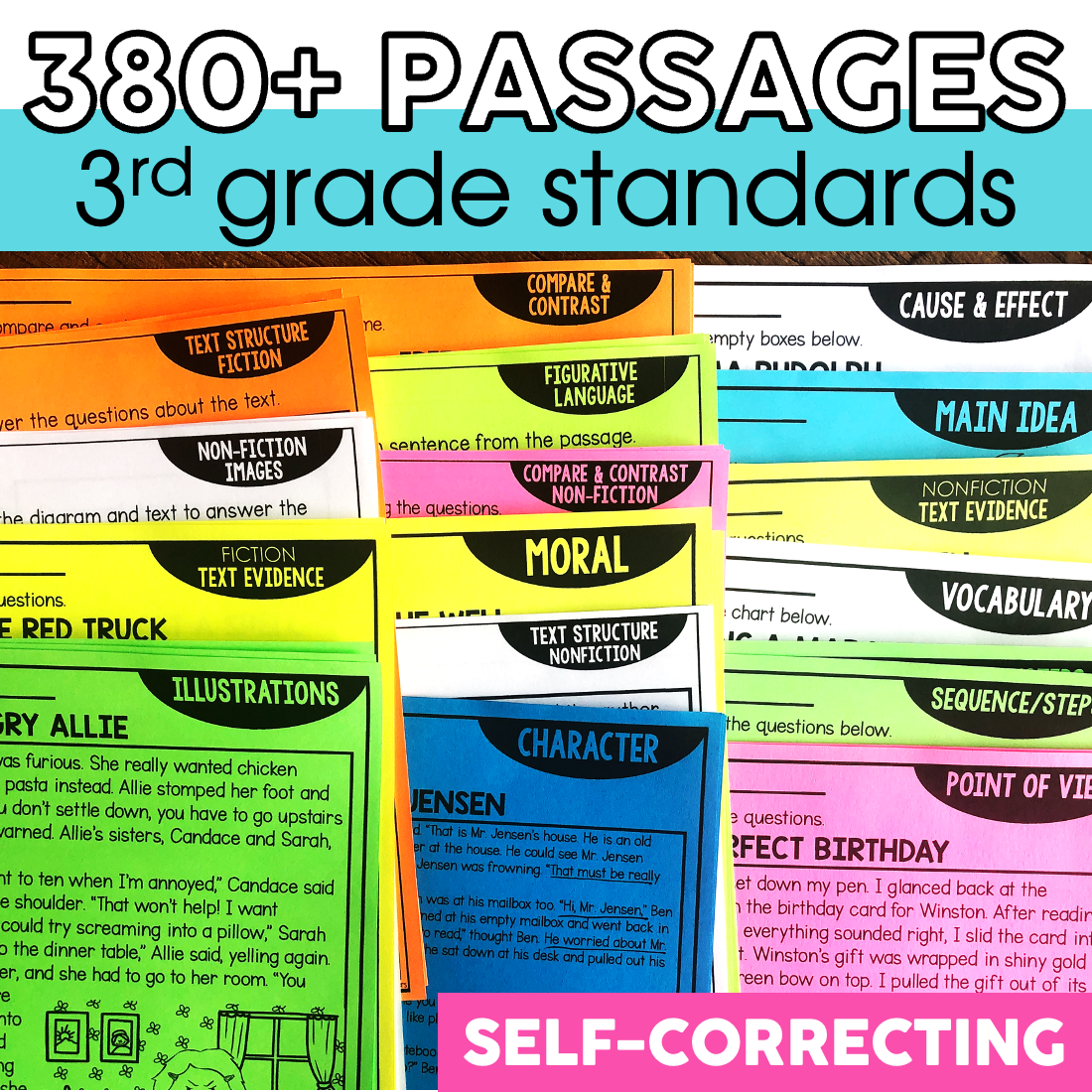 A colorful collection of 3rd grade reading comprehension passages and activities, including fiction, non-fiction, vocabulary, and moral lessons, designed to meet 3rd grade standards and enhance liter.