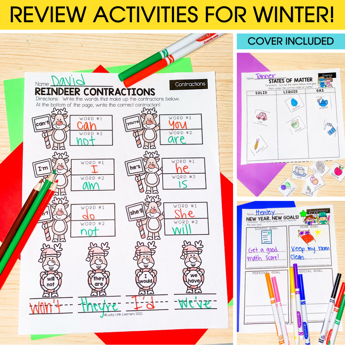 Engaging 2nd grade winter early finishers activity sheet focused on contractions, perfect for classroom review, with colorful illustrations and printable format for young learners.