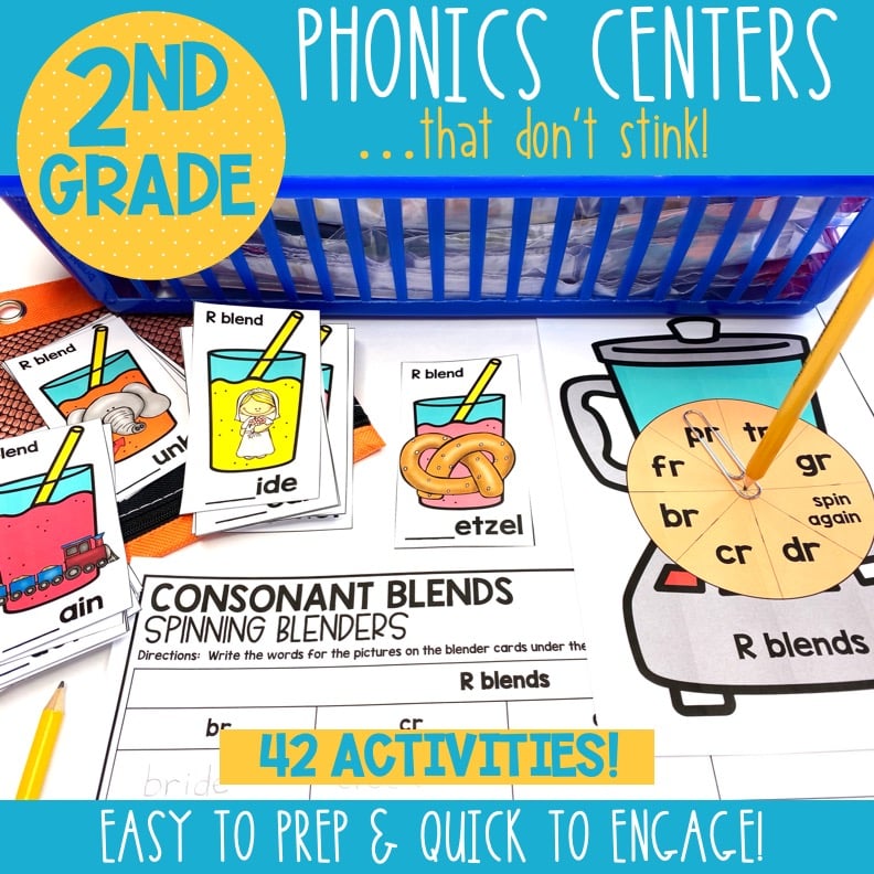 A colorful image of 2nd grade phonics centers with various activity cards, a spinner, and educational materials designed to make phonics fun and engaging for young learners.