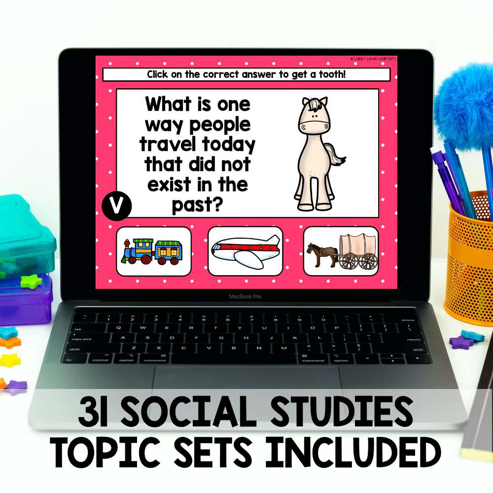 A colorful 2nd grade social studies digital task card on a laptop screen, featuring a question about travel methods with multiple-choice options, part of the Toothy® Task Cards Bundle for Google Slid.