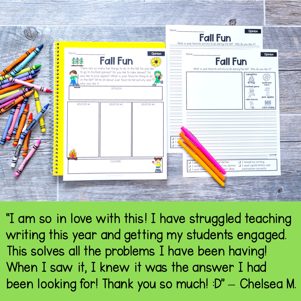 First and second grade September writing prompts printable and digital activities for engaging student writing practice, featuring colorful pens and worksheets on a wooden background.