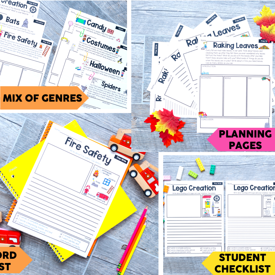 A detailed image of first and second grade October writing prompts, planning pages, and themed worksheets for early learners, featuring Halloween, fall leaves, and fire safety activities.
