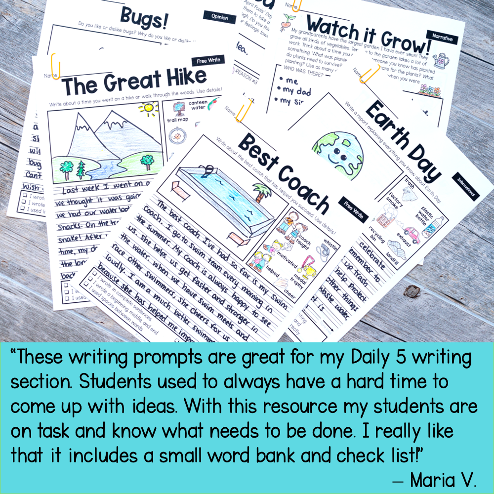 Bugs! Watch it Grow! Earth Day, Best Coach, and The Great Hike writing pages for 1st and 2nd grade students, perfect for April writing activities and daily writing practice.