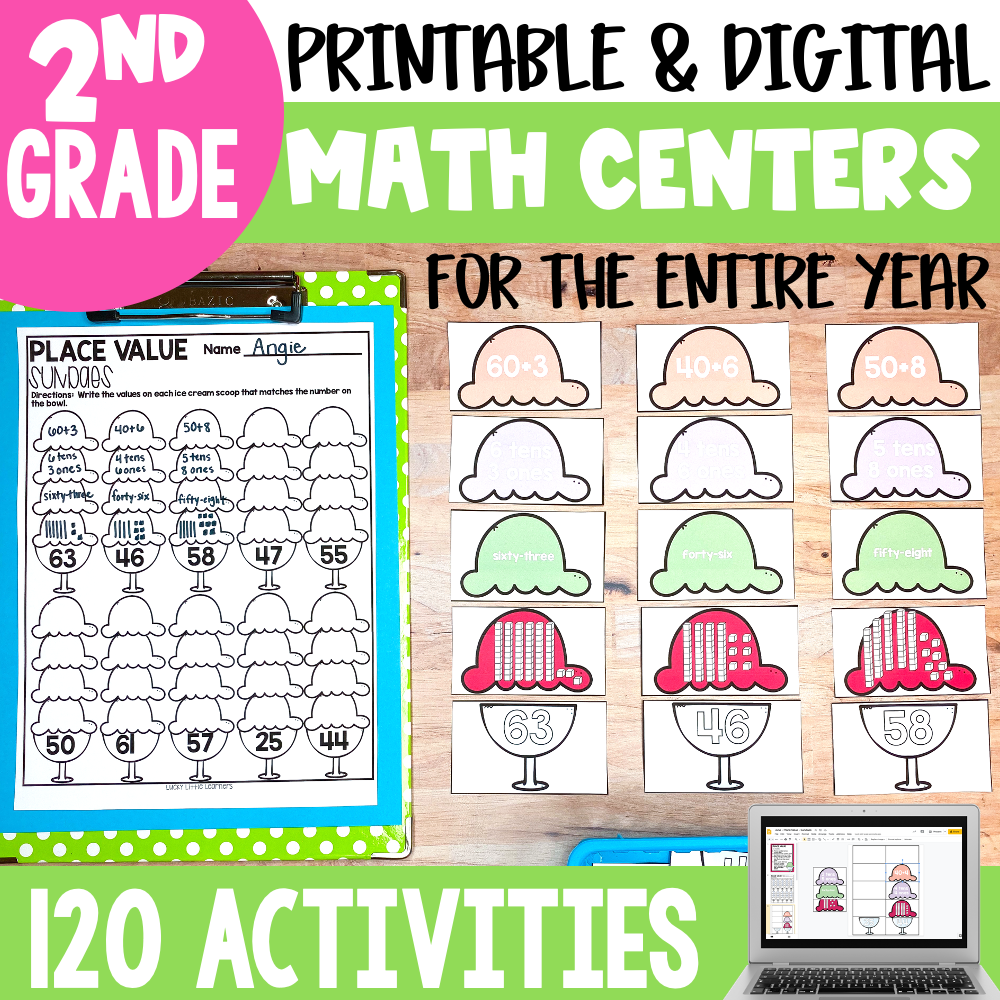 Engaging 2nd grade October math centers and activities for the entire year, featuring 120 printable and digital resources to enhance learning and practice key math skills for young students.
