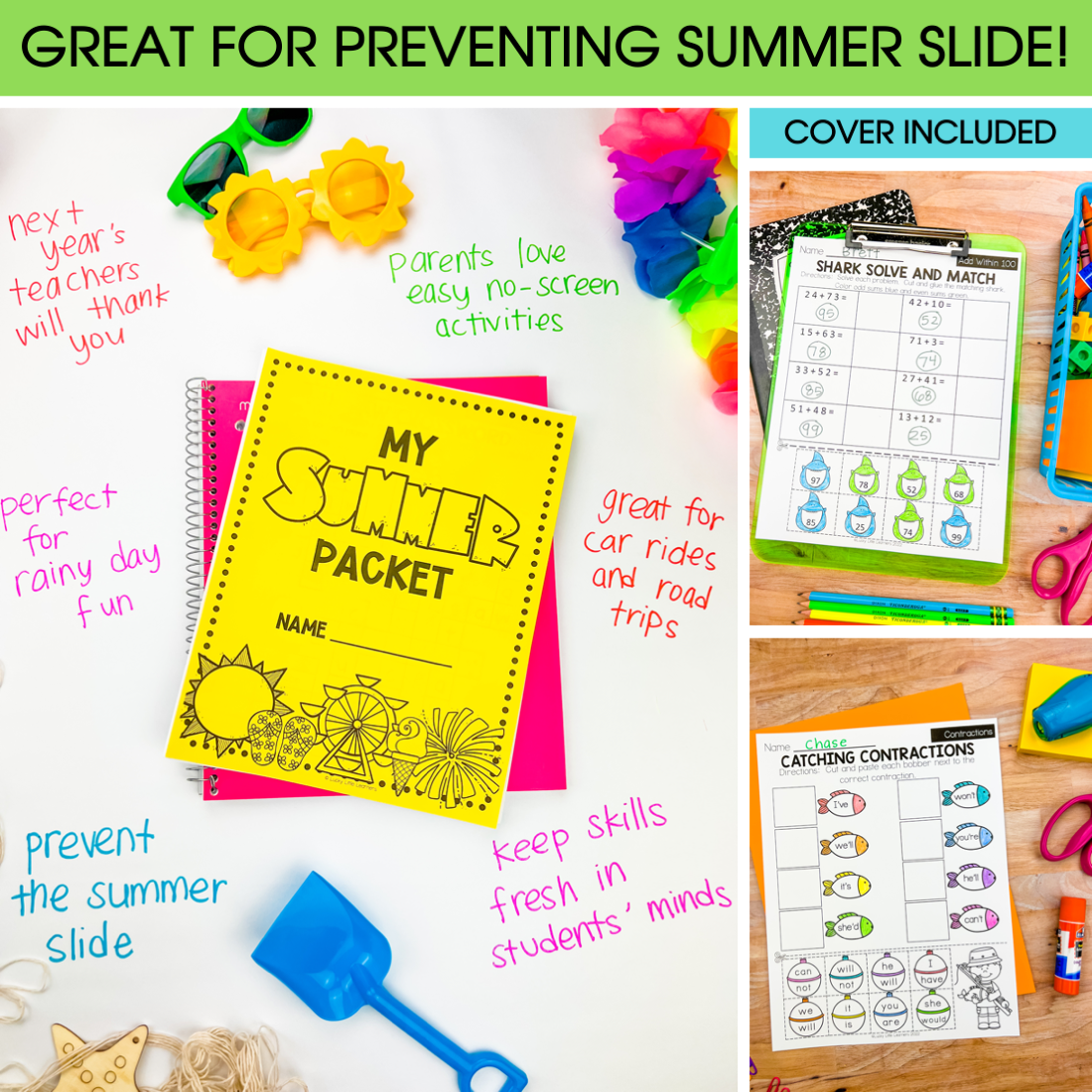 A colorful summer learning packet for 1st grade, designed to prevent summer slide, with engaging activities, no-screen fun, and skill-building exercises for early finishers.