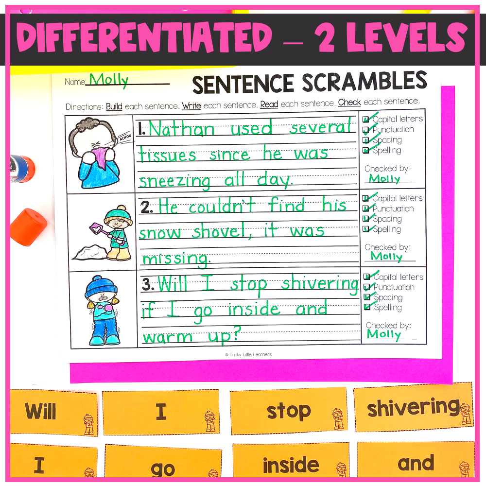 Seasonal sentence scrambles activity for early learners, featuring differentiated levels, focusing on sentence building, capitalization, punctuation, and spelling skills.