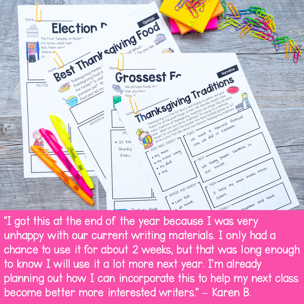 A colorful collection of first and second grade November writing prompts, print and digital, designed to engage students in Thanksgiving traditions and improve their writing skills.