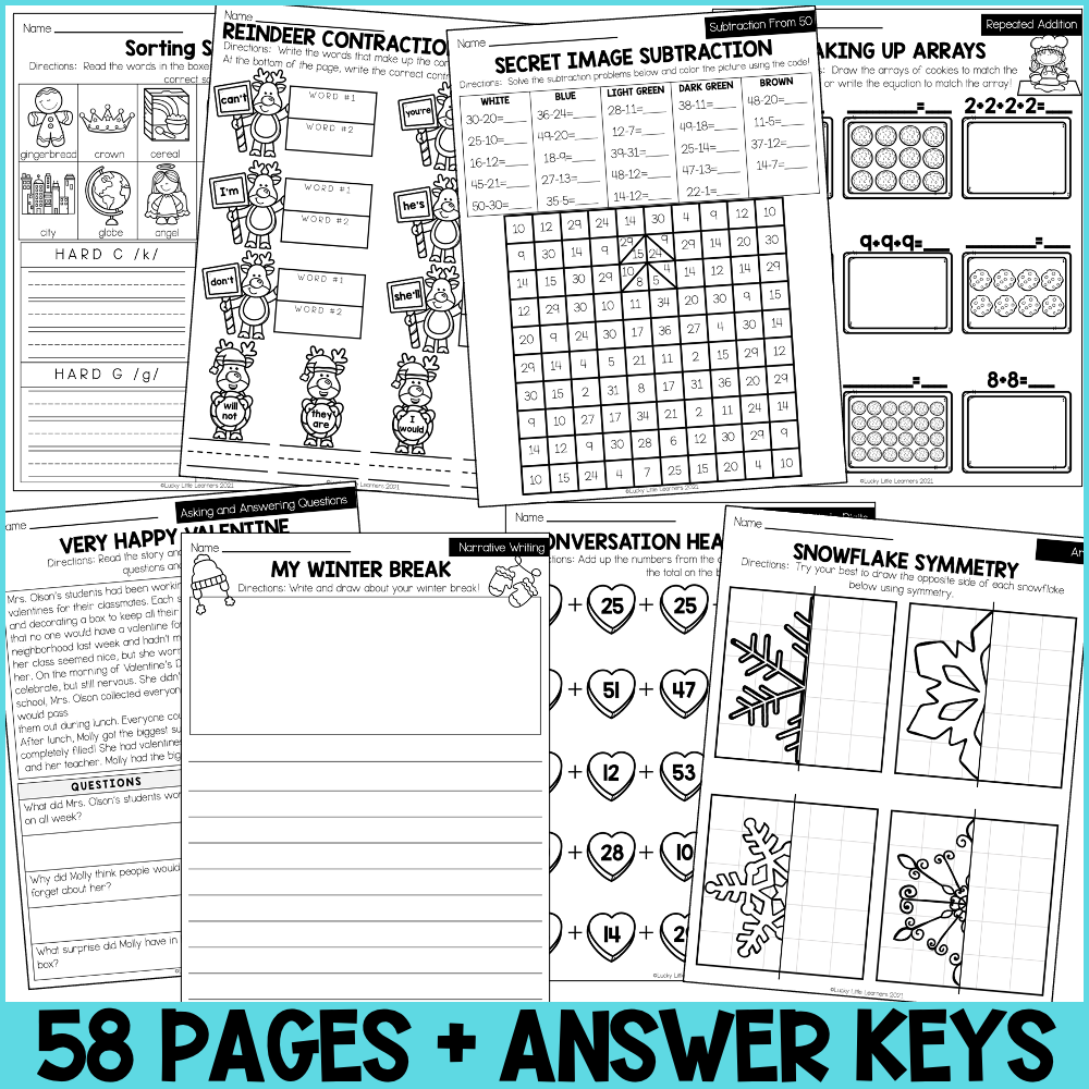 An engaging collection of 58 educational worksheets for 2nd grade winter activities, including math, reading, and science, designed to enhance learning and critical thinking skills.