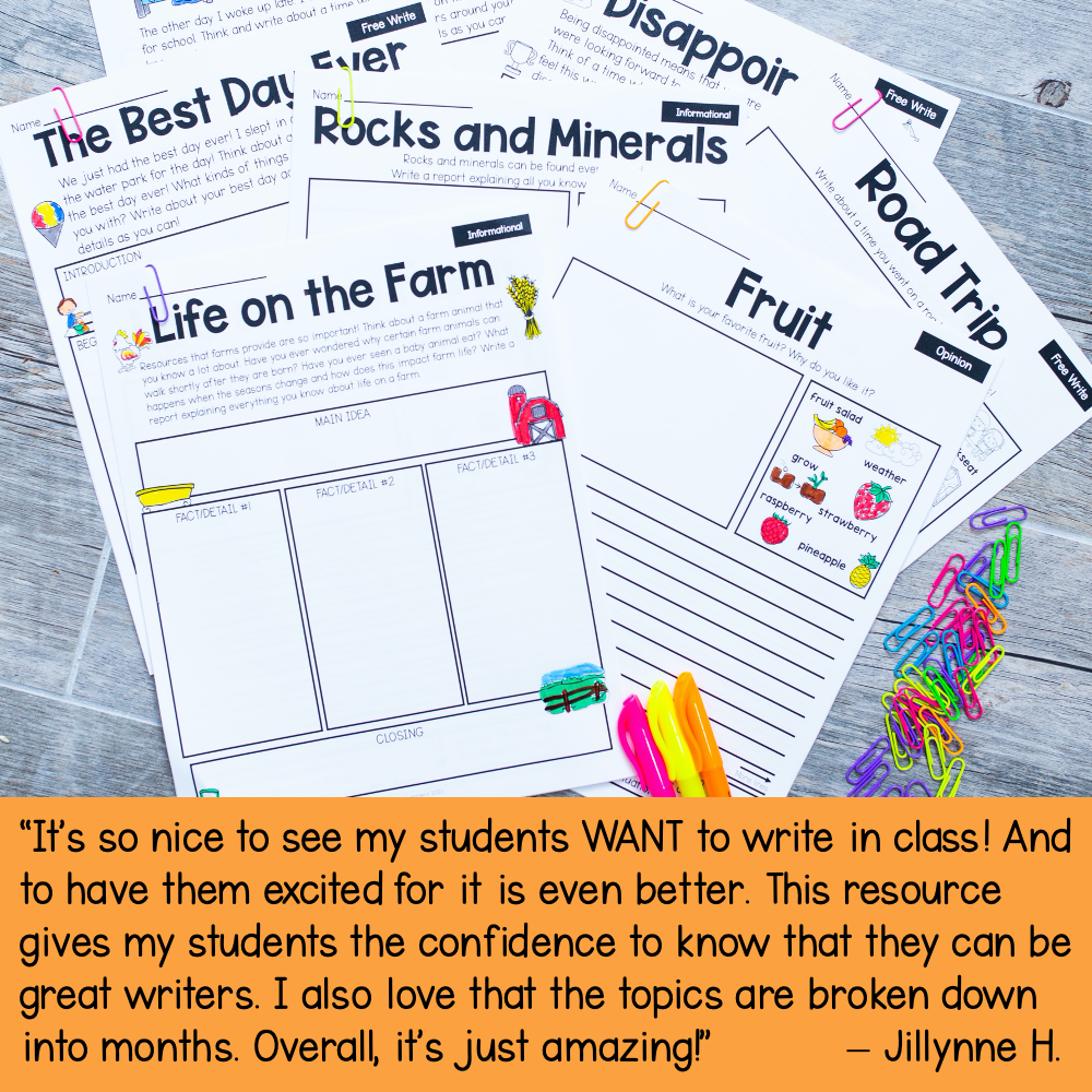 A colorful collection of first and second grade writing prompts on various topics like rocks, minerals, farm life, fruit, and road trips, designed to inspire young students' writing skills.
