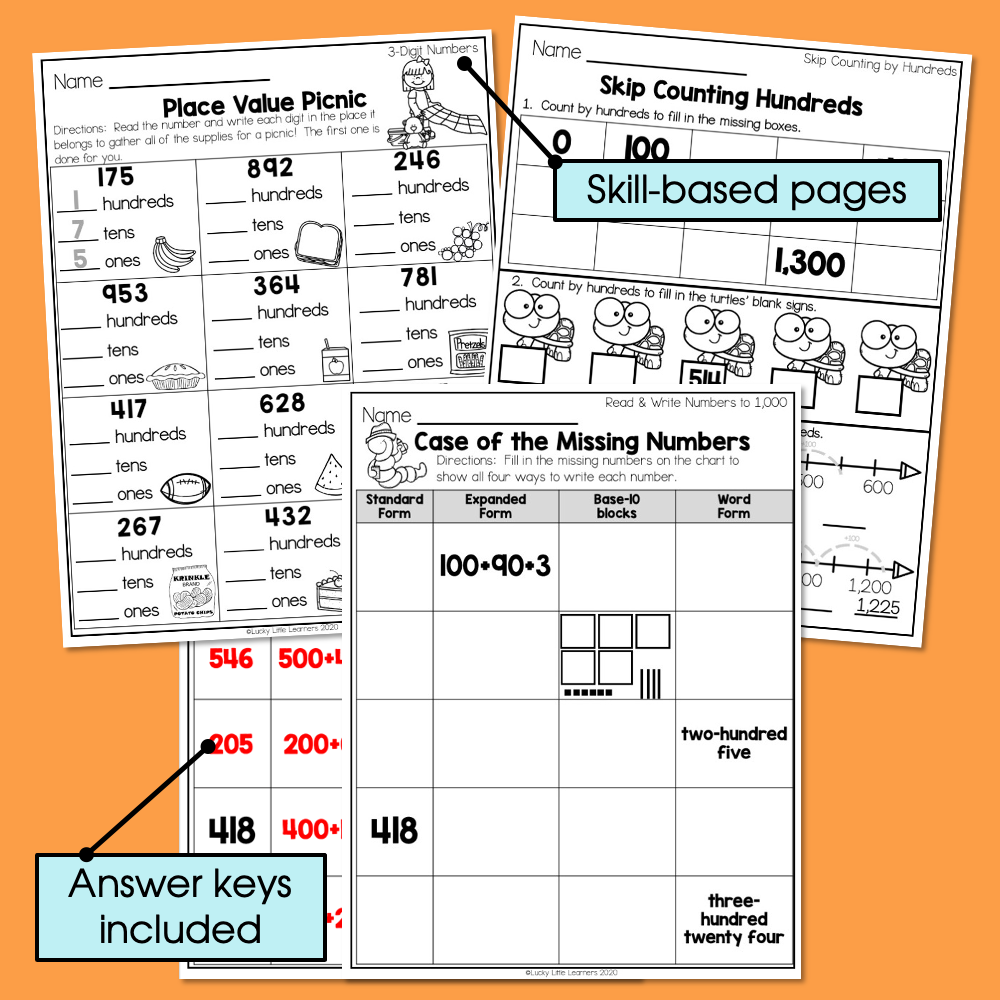 Place value worksheets for practicing hundreds, tens, and ones, including skip counting, number case, and answer keys, designed to enhance math skills for elementary students.