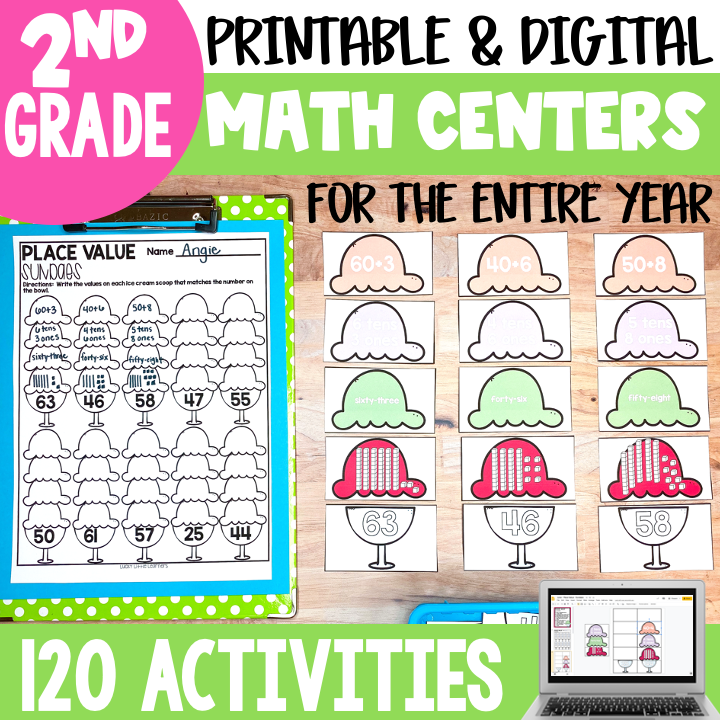 A colorful educational image showcasing printable and digital math centers for 2nd grade, including activities like place value, addition, and subtraction, designed for the entire school year.