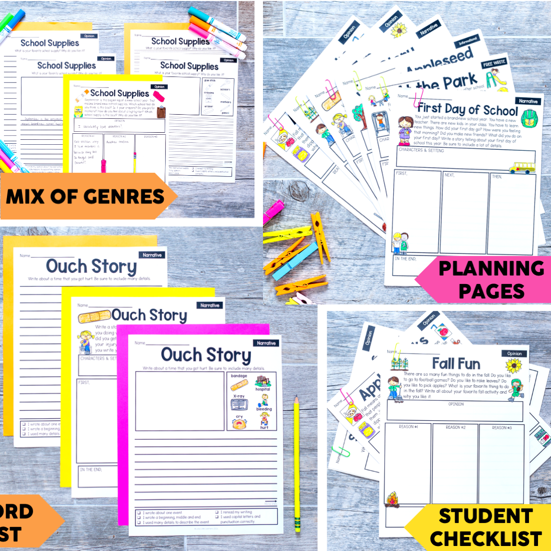 A detailed collection of printable and digital first and second grade September writing prompts, planning pages, and story templates for engaging early literacy activities.