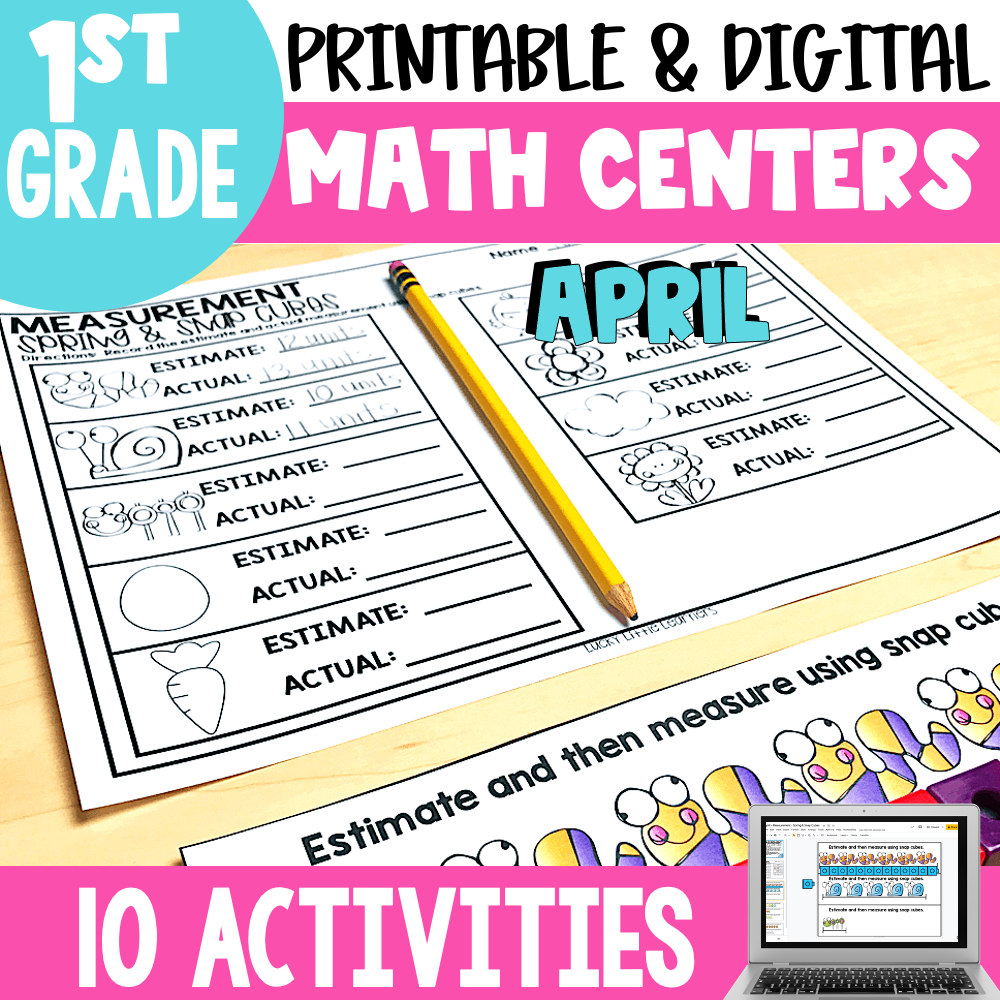 Estimate and measure math centers for 2nd grade with printable and digital activities, including April-themed math centers, perfect for October math activities for 2nd graders.