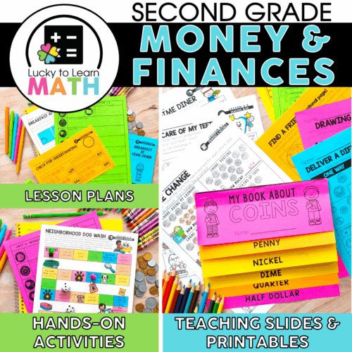 Engaging second grade money and financial literacy math unit with lesson plans, hands-on activities, teaching slides, and printables to enhance student understanding of coins and money concepts.