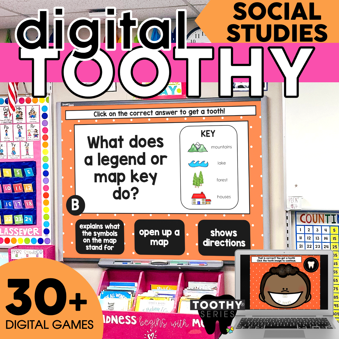 Explore 2nd Grade Social Studies digital task cards with Toothy® for engaging learning, featuring map keys, symbols, and directions, perfect for classroom activities and digital education.