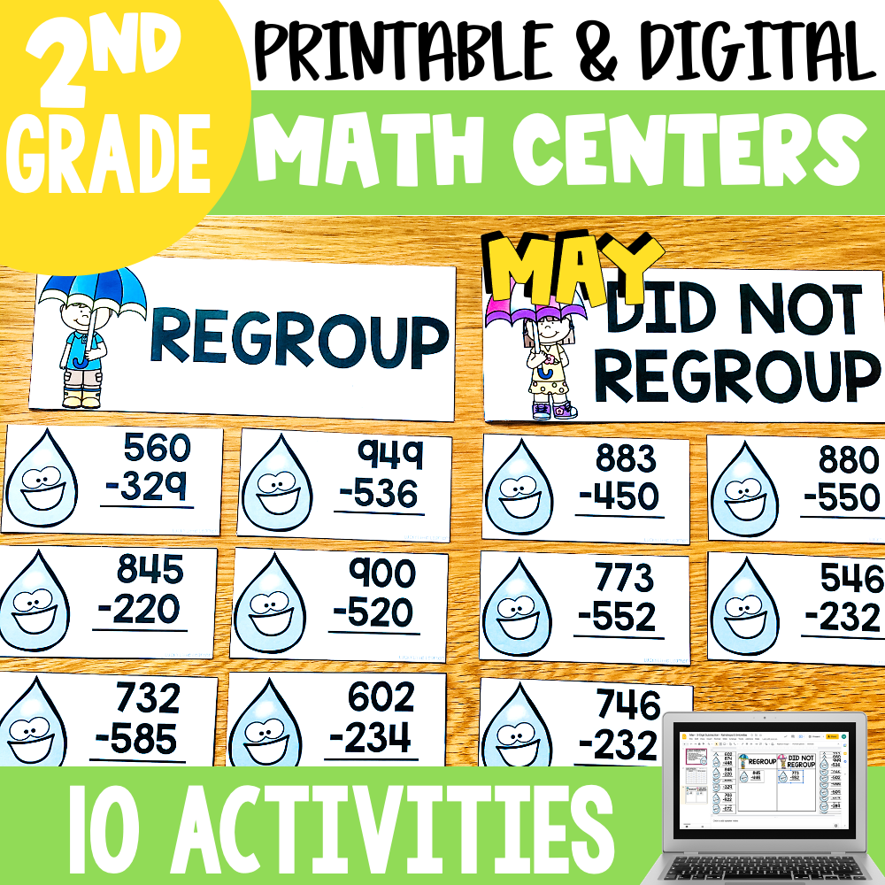 Engaging 2nd grade October math centers and activities for digital and printable use, featuring regrouping and number practice with fun water droplet characters.