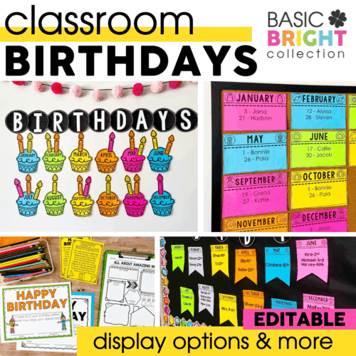 Classroom birthday display with colorful editable birthday chart, bulletin board, and birthday celebration decorations for engaging early childhood learning environments.