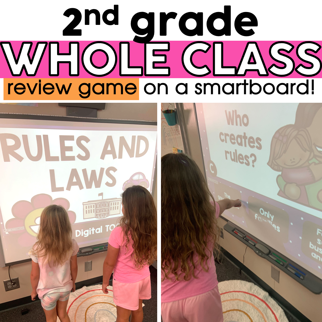 An engaging 2nd grade social studies digital task cards bundle featuring interactive Google Slides for whole class review games on rules and laws.