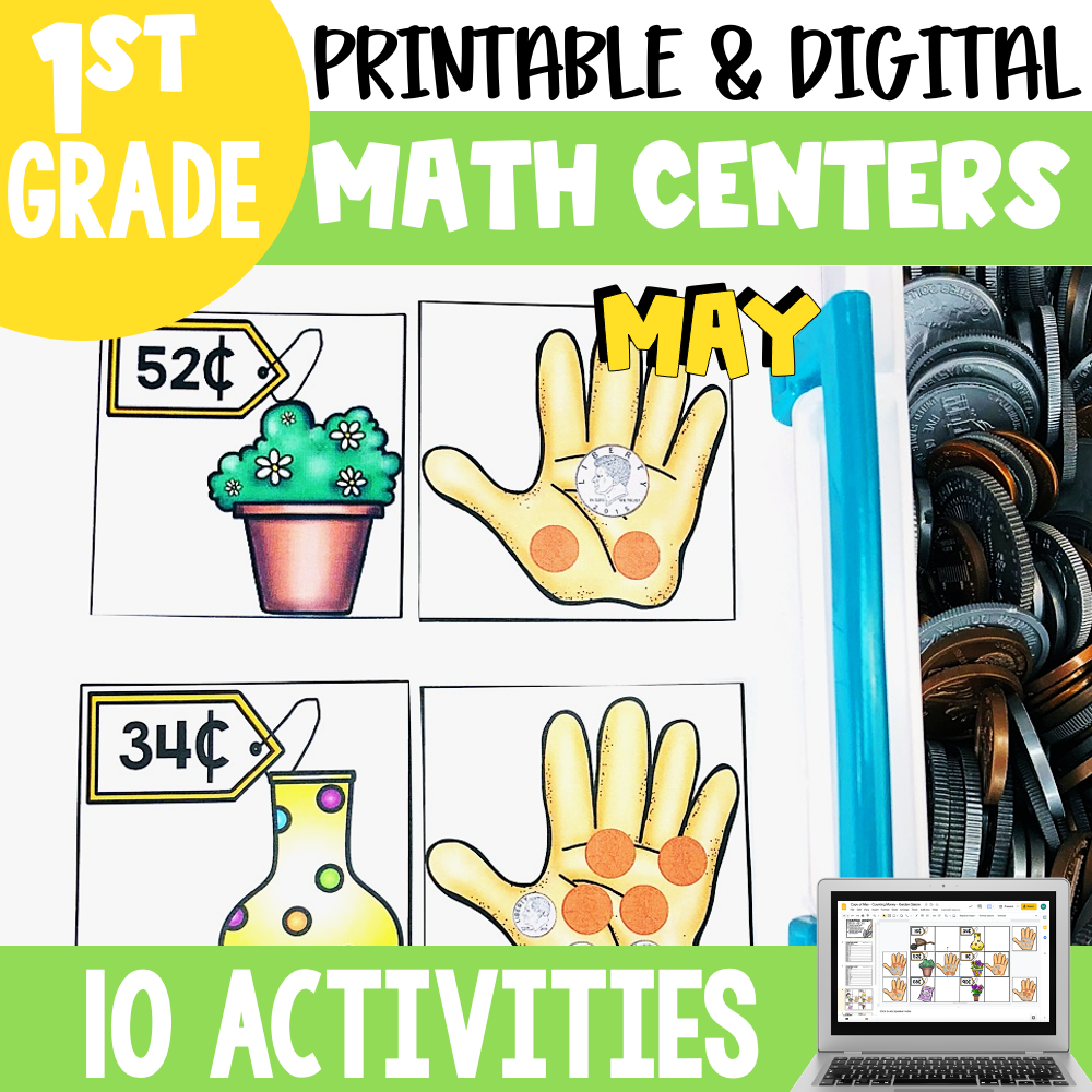 Printable and digital May math centers for 2nd grade, featuring hands-on activities with coins, measurement, and counting for October learning. Perfect for engaging second graders.