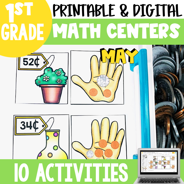 April Math Centers and Activities for 2nd Grade featuring printable and digital resources, hands-on activities, and engaging exercises for first-grade students to enhance math skills.