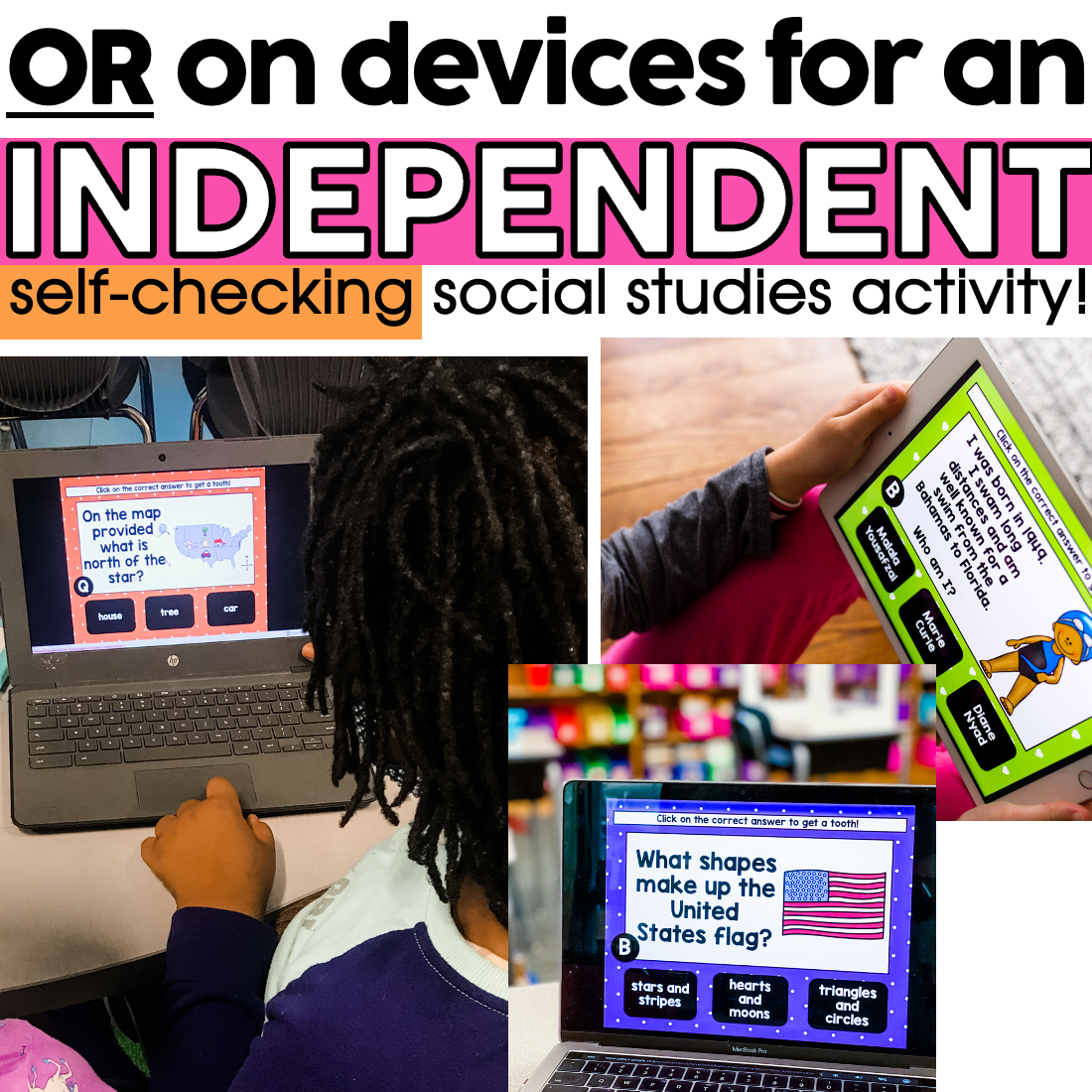 On the map provided, what is the north or the star? | Student using digital device for social studies activity | 2nd grade social studies digital task cards bundle for independent learning.
