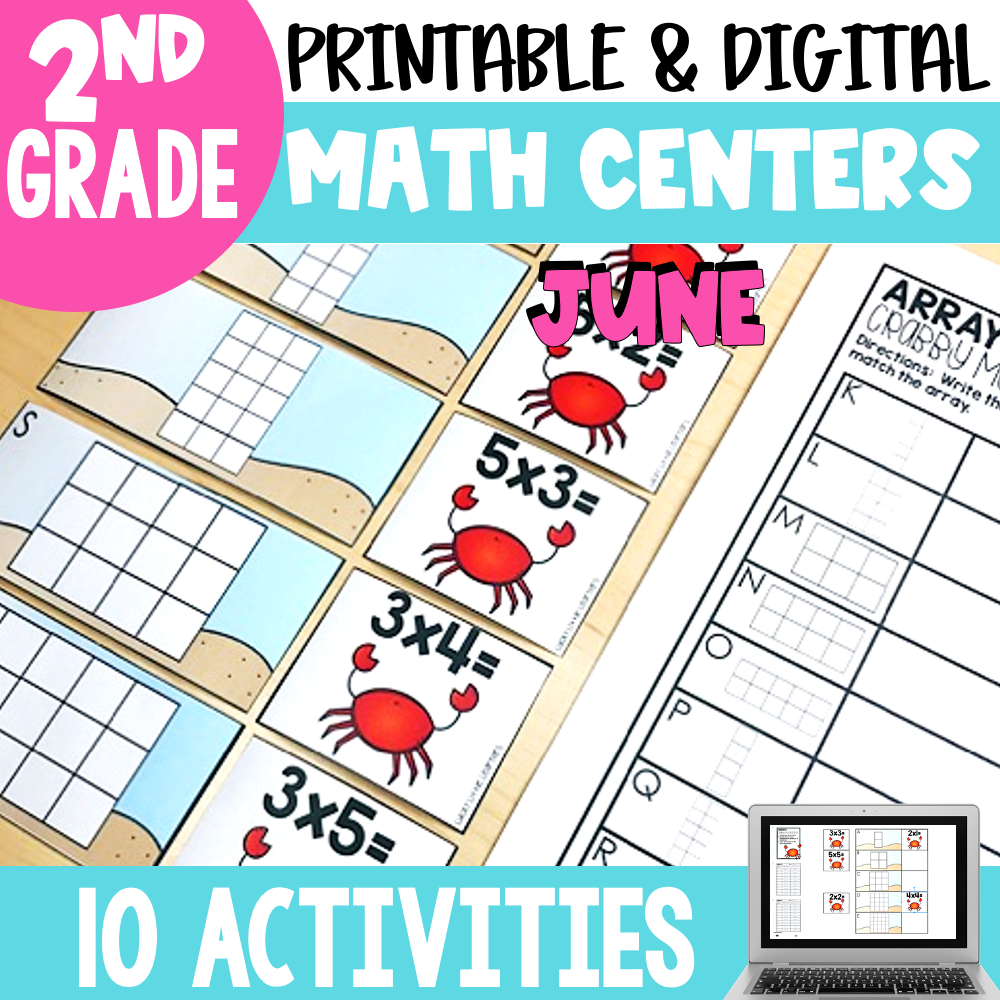 October Math Centers and Activities for 2nd Grade, printable and digital, featuring engaging June-themed math exercises and 10 activities for second graders.