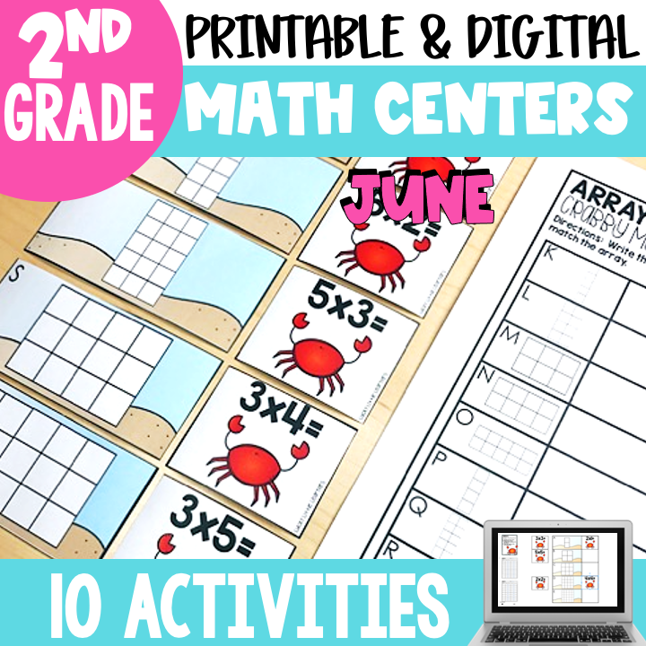 Engaging 2nd grade April math centers and activities for digital and printable formats, featuring fun crab illustrations, perfect for classroom learning and skill reinforcement.