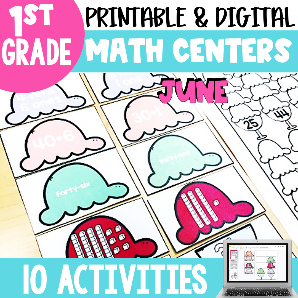 A colorful educational worksheet featuring printable and digital math centers for 1st grade, focusing on June activities with fun cloud and turtle illustrations for engaging learning.