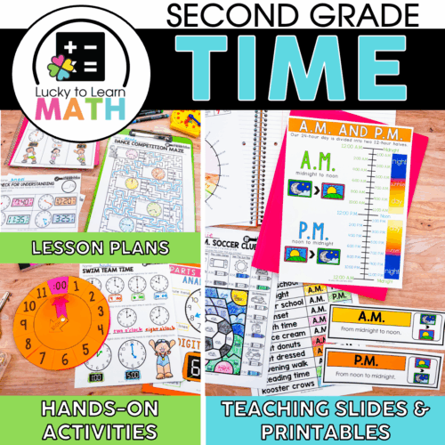 A colorful educational image showcasing second grade time-telling resources, including lesson plans, hands-on activities, teaching slides, and printables for learning to tell time.
