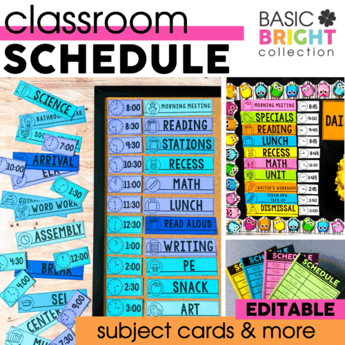 Classroom birthday display with editable subject cards, colorful bulletin board, and bright collection design for early elementary classrooms.