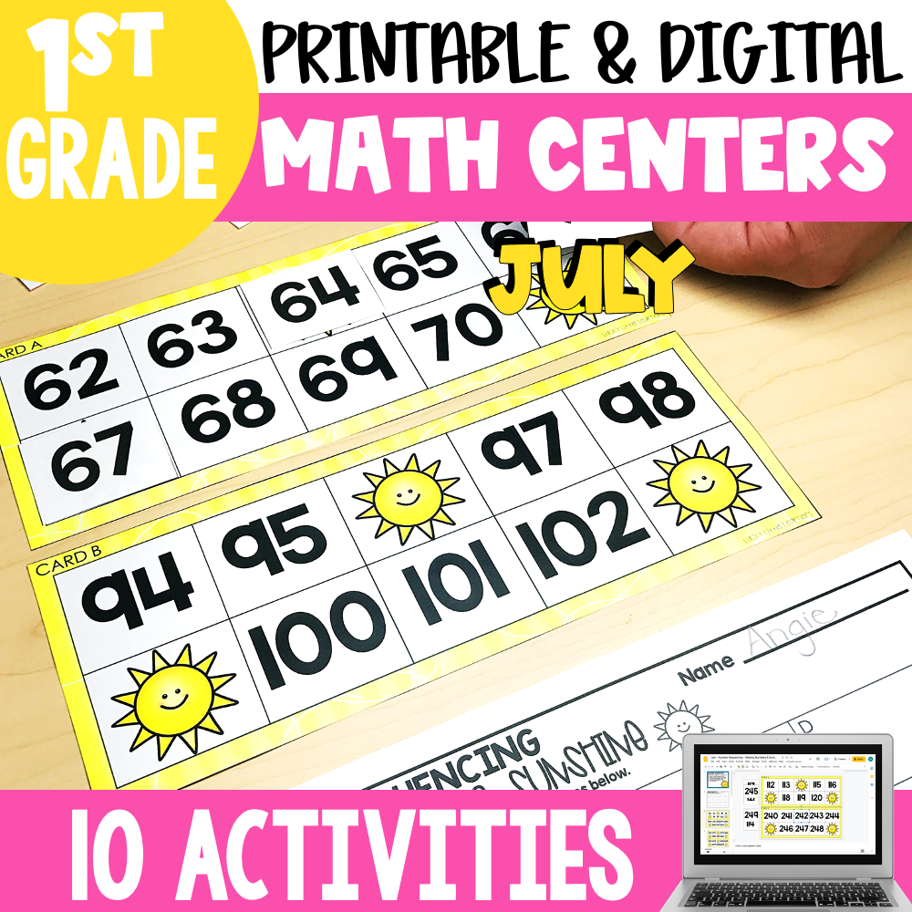 Boost 1st grade math skills with printable and digital math centers for July, featuring 10 engaging activities designed for second-grade students to enhance learning and fun.