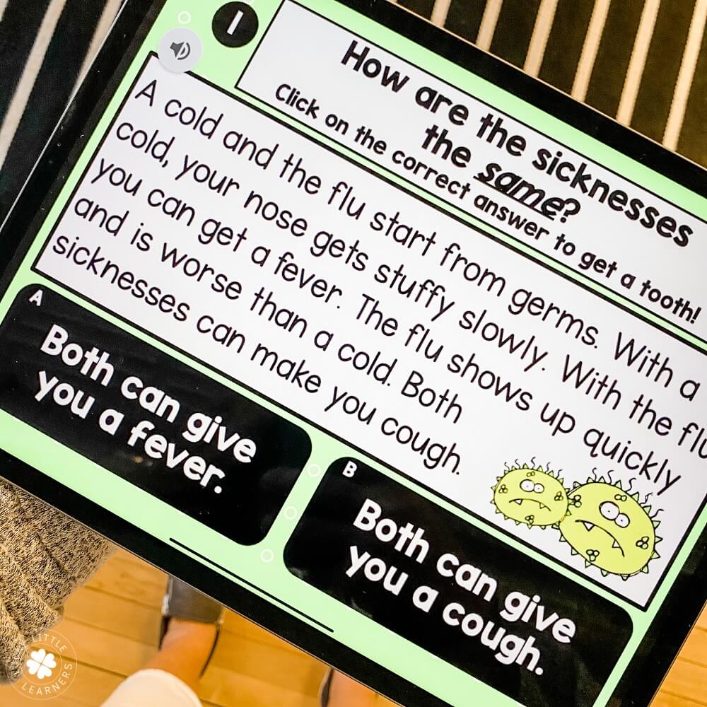 A colorful educational digital reading activity for 1st grade students focusing on sickness and germs, featuring interactive questions and illustrations to enhance learning.